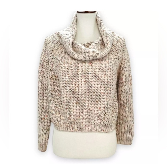 Moon & Madison Beige Speckled Confetti Cowl Neck Cropped Sweater Women's Small - Picture 2 of 11